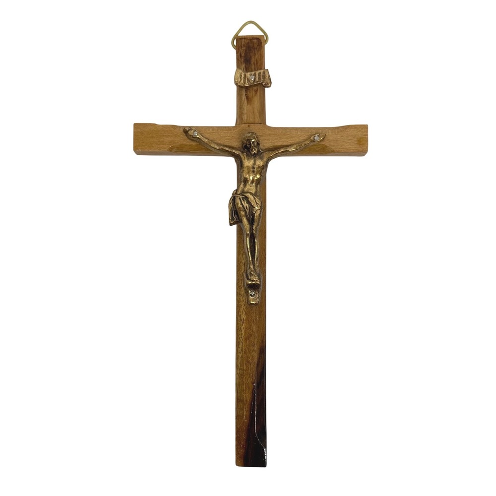 Wooden Wall Crucifix Brass Tone Metal Jesus Corpus INRI Baptism Confirmation